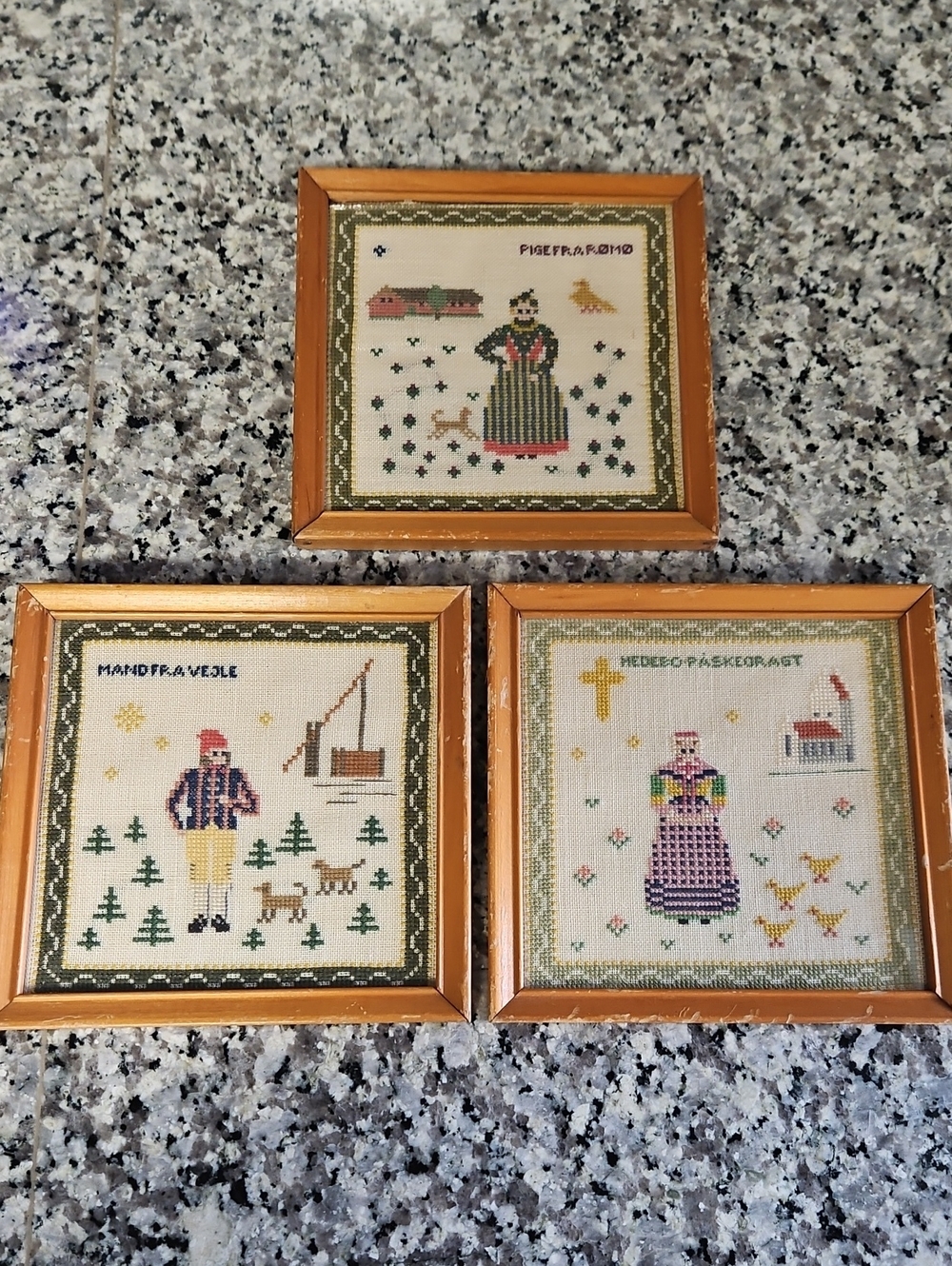 Set 3 Vintage Danish Scandinavian Cross Stitch Needlepoint Framed Folk Art Scene